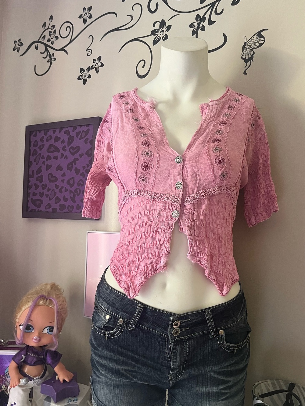 vu Pink Cropped Smocked Button Blouse with Embroidered Trim